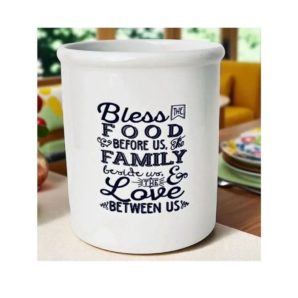 NWT Devotions Bless the Food Utensil White Ceramic Inspirational Container Jar